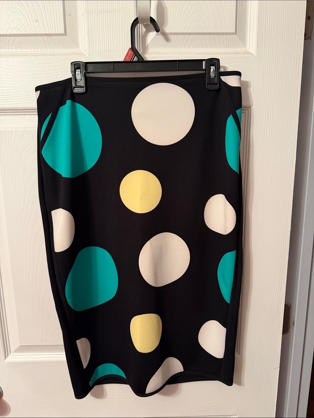 Black Polka Dot Pencil Skirt with Teal and Yellow Accents